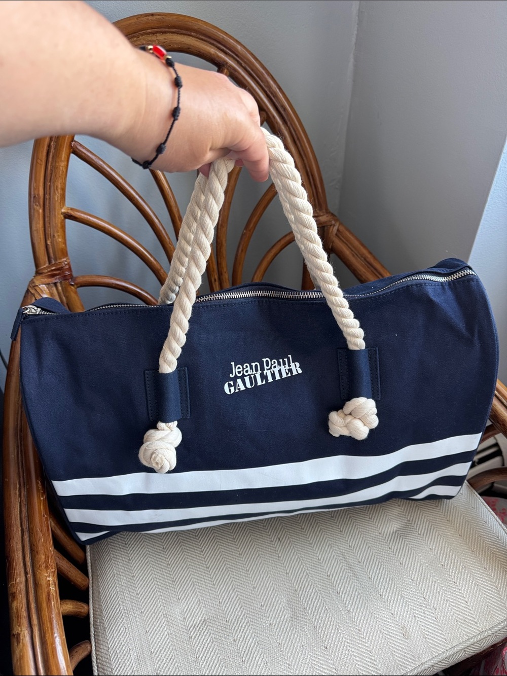 Jean Paul Gaultier Navy and Cream Rope-Handle Duffel